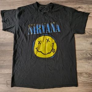 Nirvana Smiley Face Brand Promo Retro T Shirt Adult Large Black Mens